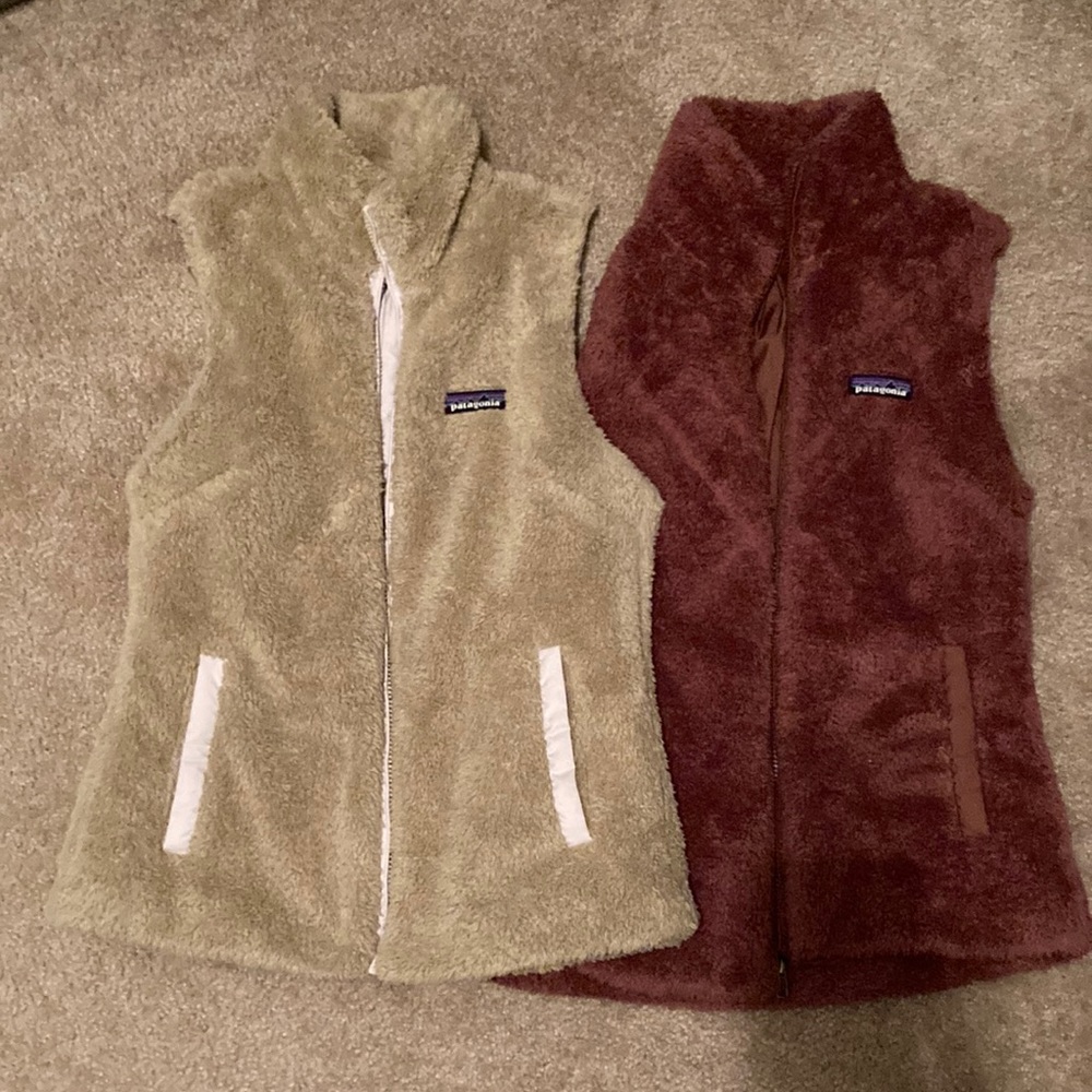 Tan and maroon patagonia vests!!